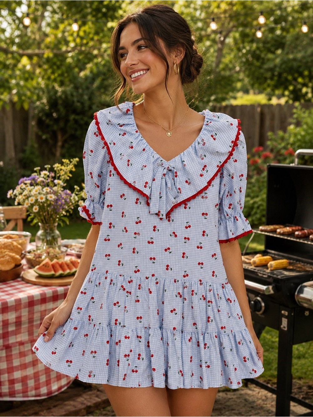 NWOT Rareraw Women’s Blue Cherry Print Ruffle Summer Dress